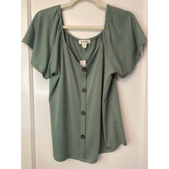 NWT MONTEAU Short Sleeve Top Blouse Large Moss Green Button Up Bell Sleeves - Picture 1 of 4